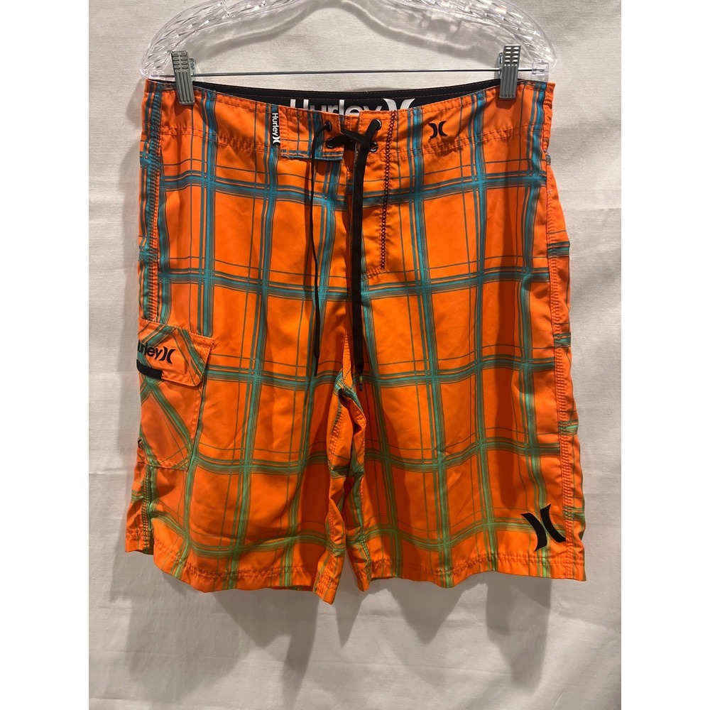 Hurley Mens Orange Teal Plaid Board Shorts Cargo Pocket Swim Trunks Size 32